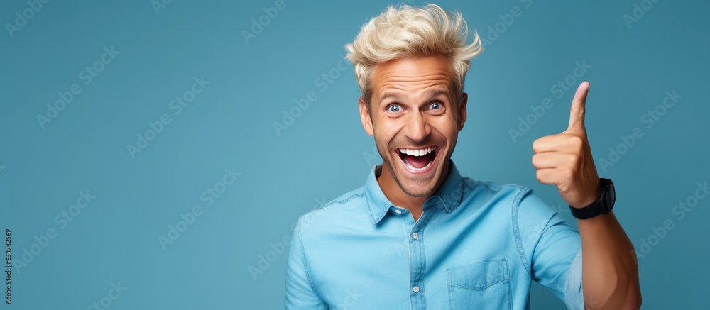 Aufkleber happy adult male pointing and smiling indicating object in open area