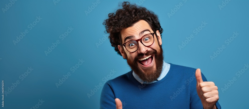 Poster A happy bearded young man with laptop smiling and pointing to the side and upwards displaying an object in empty area