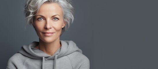 Middle aged woman in sweatshirt posed against background with copy space