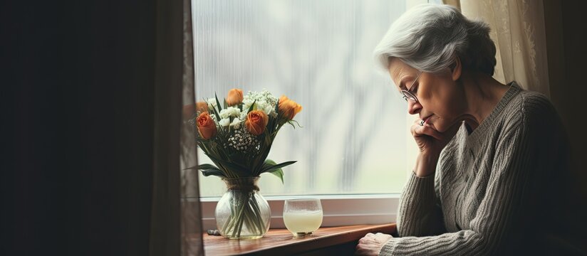 Thoughtful senior woman at home on International Widows Day contemplating the challenges of widowhood and the aging process with space for text