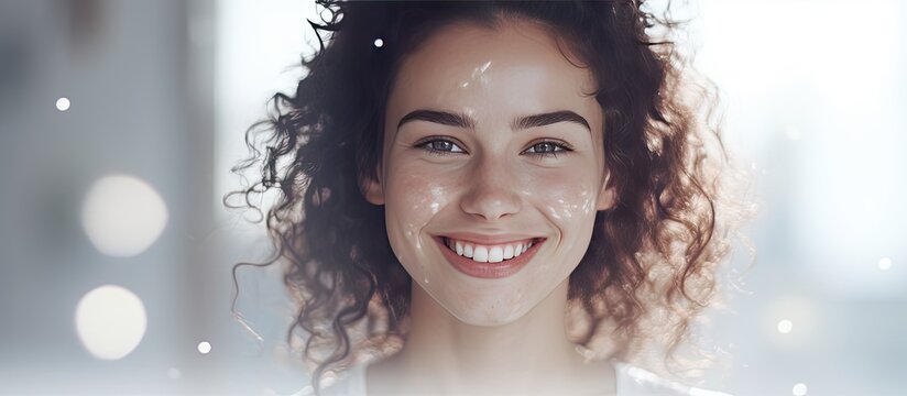 Young white woman in mirror pigmentation day text digital composite skincare concept