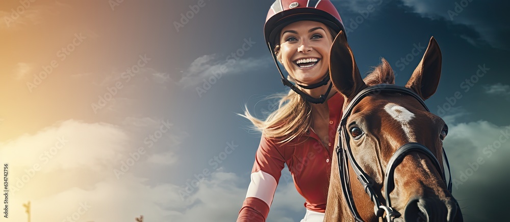 Sticker Young Caucasian woman riding horse in ranch with horse racing text and copy space Animal sport equestrian and competition theme