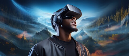 Black man wearing VR headset exploring virtual reality world with empty space on the left for copy