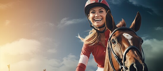 Young Caucasian woman riding horse in ranch with horse racing text and copy space Animal sport equestrian and competition theme