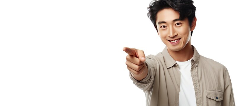 Asian guy pointing fingers away in white studio background for your text or logo