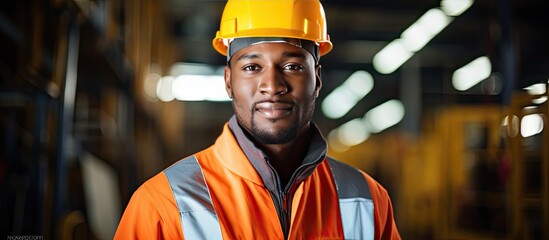 Composite image of a confident Caucasian male worker wearing workwear at an industrial factory ready to promote national safety month