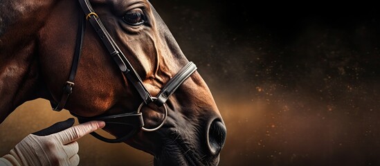 Horse racing concept including close up of hand holding horse in stable with copy space
