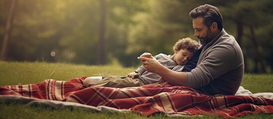 Composite image of a father and son setting up a blanket in a park for picnic
