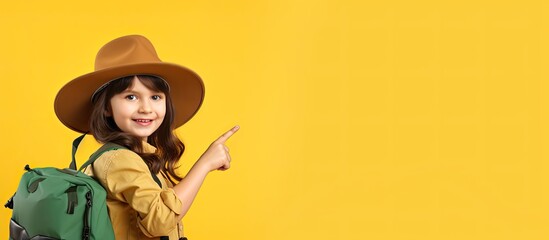 A girl scout with a backpack points at your ad going on a camping trip Yellow background Banner