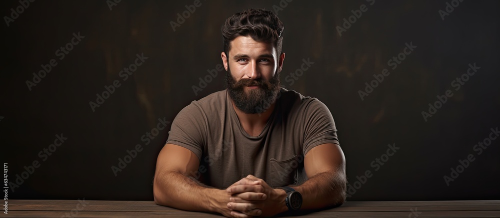 Poster bearded man with empty space on a table