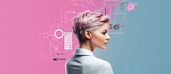 International women in engineering day rear view of girl with short hair pink background childhood awareness campaign support and career