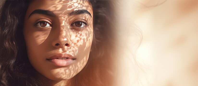 Composite image of an Indian woman examining her reflection with text about international skin pigmentation day conveying the concept of pigmentation awar - Powered by Adobe