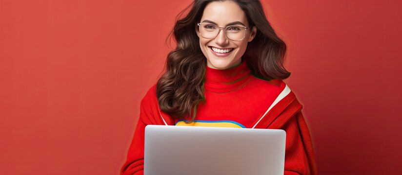 Smiling young woman in casual clothes using laptop on red wall background Lifestyle concept