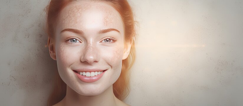 Day celebrating skin pigmentation Image of happy young Caucasian woman Composition of skincare beauty and cosmetology Beige background with copy space