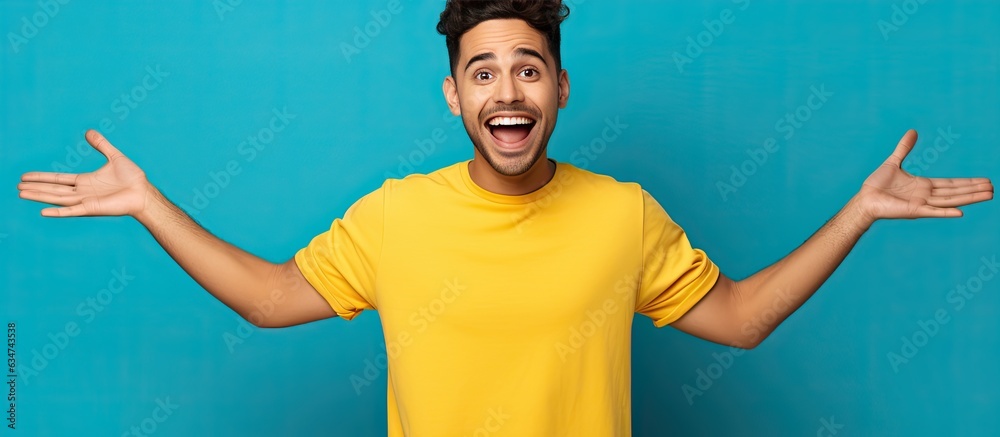 Poster excited hispanic man in blue shirt pointing with open palms and smiling presenting advertisement wit