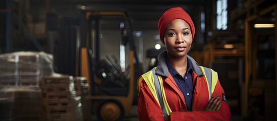 African female warehouse worker posing with a forklift in a textile warehouse