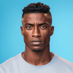 Obraz premium Portrait of an Latin American man with short black hair. Closeup face of a serious Latin adult guy on a blue background looking at the camera. Emotionless black grownup man in casual clothes.