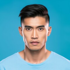 Fototapeta premium Portrait of an Asian man with short black hair. Closeup face of a serious Chinese adult guy on a blue background looking at the camera. Emotionless Japanese grown up man in a blue shirt.