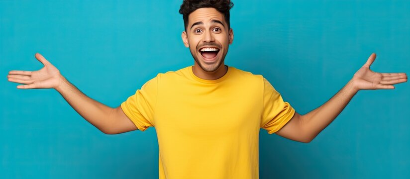 Excited Hispanic man in blue shirt pointing with open palms and smiling presenting advertisement with copy space on yellow background