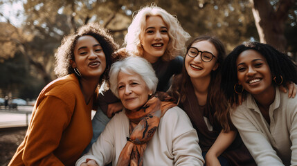 group of woman all ages, young and old, celebrating friendship and bonding moments, female empowerment, generative ai, illustration,