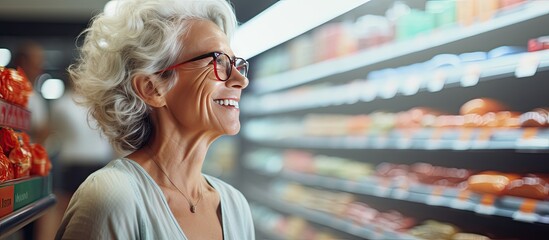 Fototapeta premium Elderly woman smiling and selecting quality food in supermarket