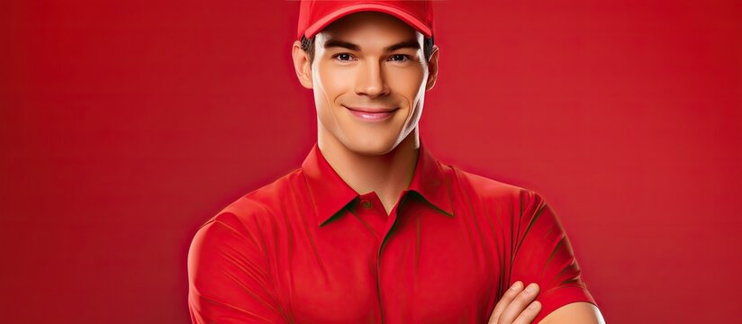 Composite of portrait of young man with clipboard and postal worker day text red background copy space delivery mail and appreciation concept