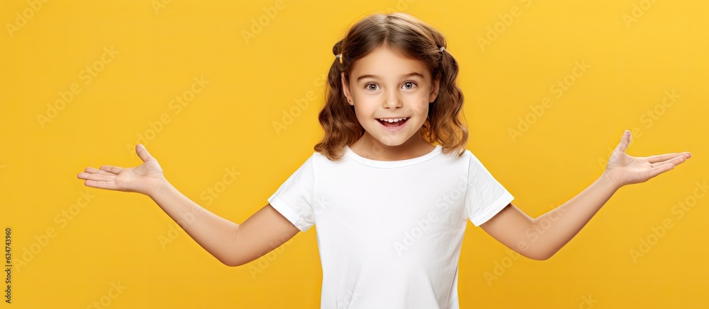 Poster smiling caucasian girl wearing white t shirt pointing with open palms presenting advertisement