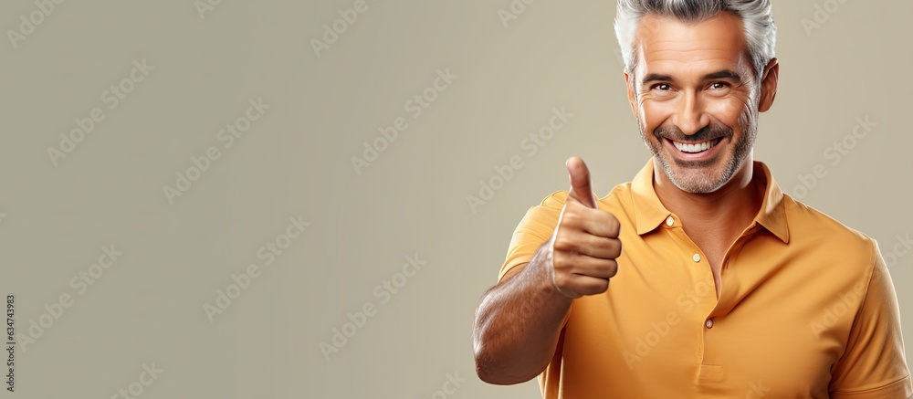 Aufkleber content middle aged man happily points to empty area while smiling confidently