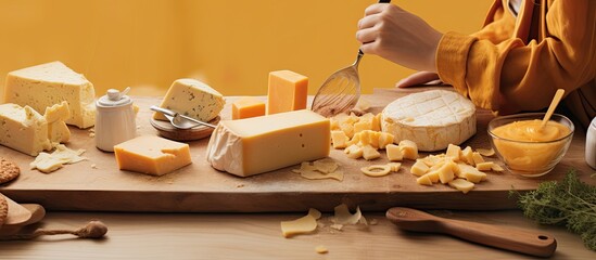 Composite image of woman cutting cheese on wooden board suitable for National Cheese Day celebration