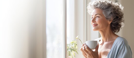 Happy older woman savoring coffee holding mug eyes closed by kitchen window