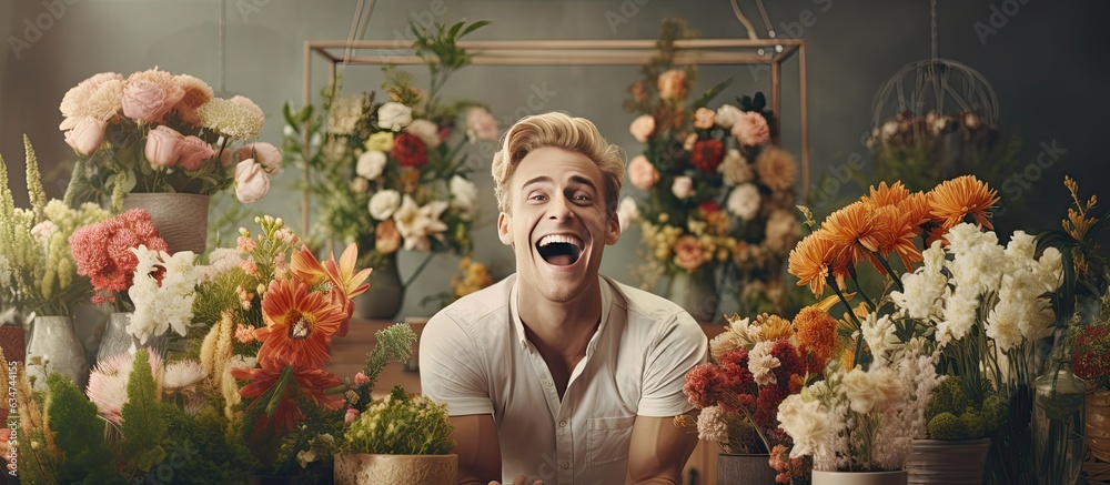 Wall mural A joyful blonde man at a flower shop gesturing with open hands indicating something with space for an advertisement while happily smiling