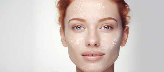 Young woman applying moisturizer for skin pigmentation awareness and treatment concept with digital text overlay