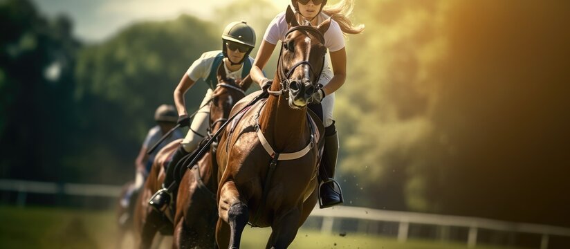 Composite image of young Caucasian female friends enjoying horse riding at a ranch representing togetherness animal sport equestrian and competition