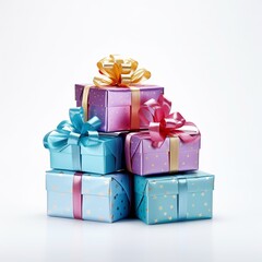Fototapeta premium A pile of packages with gifts. Christmas presents. Pastel rainbow colors. Isolated on white background. Generative Ai.