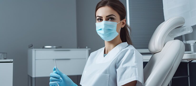 Female Doctor Wearing Mask And Gloves Next To Patient On Dental Chair With Mouth Mirrors