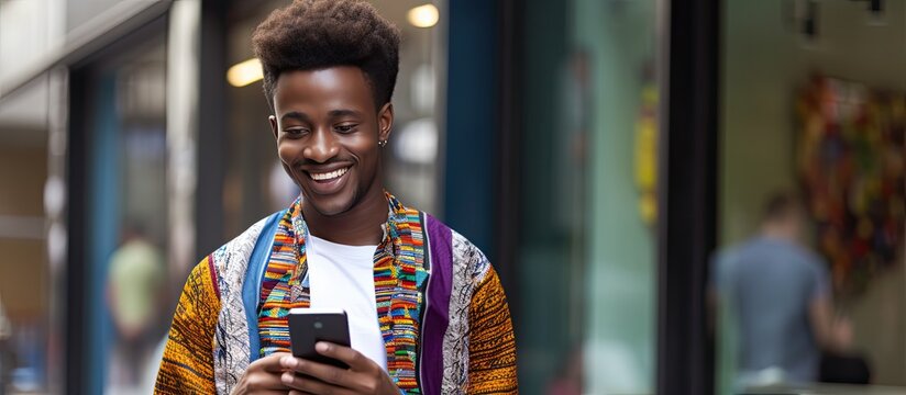 Attractive African man in African clothing happily texting on his phone in a fashion store