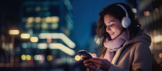 A young woman enjoying the city nightlife with music and her smartphone