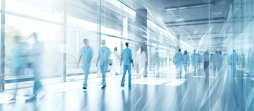 Busy hospital corridor with diverse doctors in motion suitable for medical and healthcare services