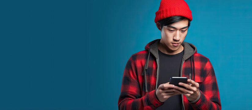 Thoughtful Asian man in beanie and plaid shirt contemplating decision holding phone on blue background