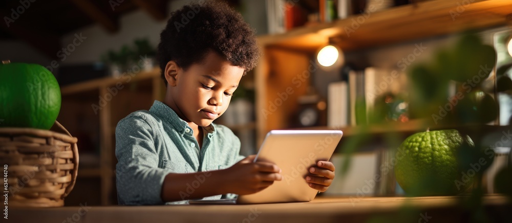 Aufkleber black child doing online studying with tablet at home concept technology education student e learnin
