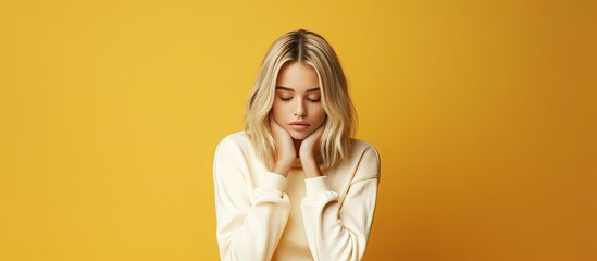 A pensive blonde woman in a white sweatshirt appearing sad looking towards empty space on a yellow studio backdrop
