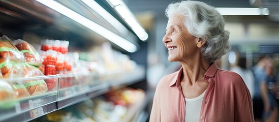 Elderly woman smiling and selecting quality food in supermarket