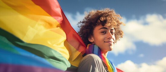 Image of a biracial man confidently waving a rainbow flag on National Coming Out Day with text space to promote LGBT awareness support the queer community