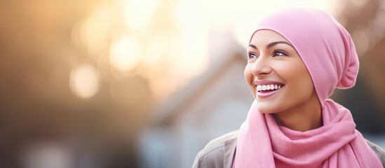 Woman with pink breast cancer awareness ribbon on coat smiling
