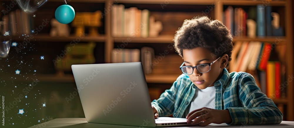 Aufkleber black child doing online studying with tablet at home concept technology education student e learnin
