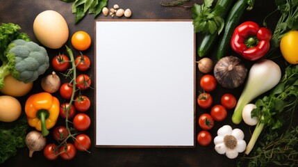 Digital tablet computer with mockup white screen on vegetarian healthy food vegetable background. Online grocery shopping delivery app ads concept,