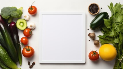 Digital tablet computer with mockup white screen on vegetarian healthy food vegetable background. Online grocery shopping delivery app ads concept,