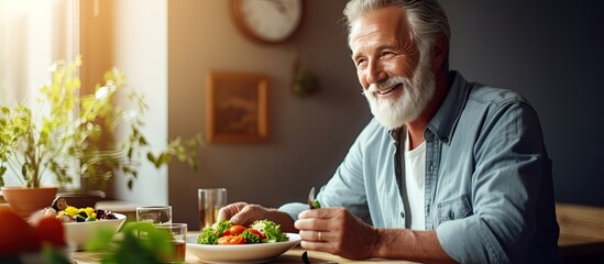 Happy elderly man eating delicious food in kitchen looking at camera holding utensils copy space