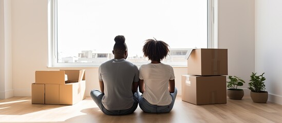 Black couple planning home decor in new apartment dreaming about future copy space available