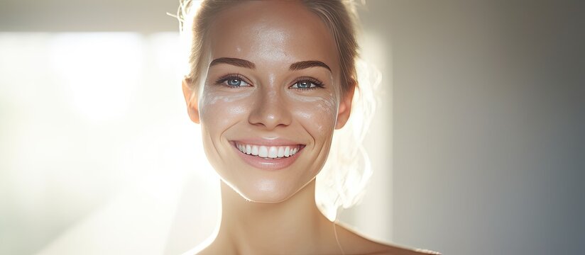 Young white woman in mirror pigmentation day text digital composite skincare concept